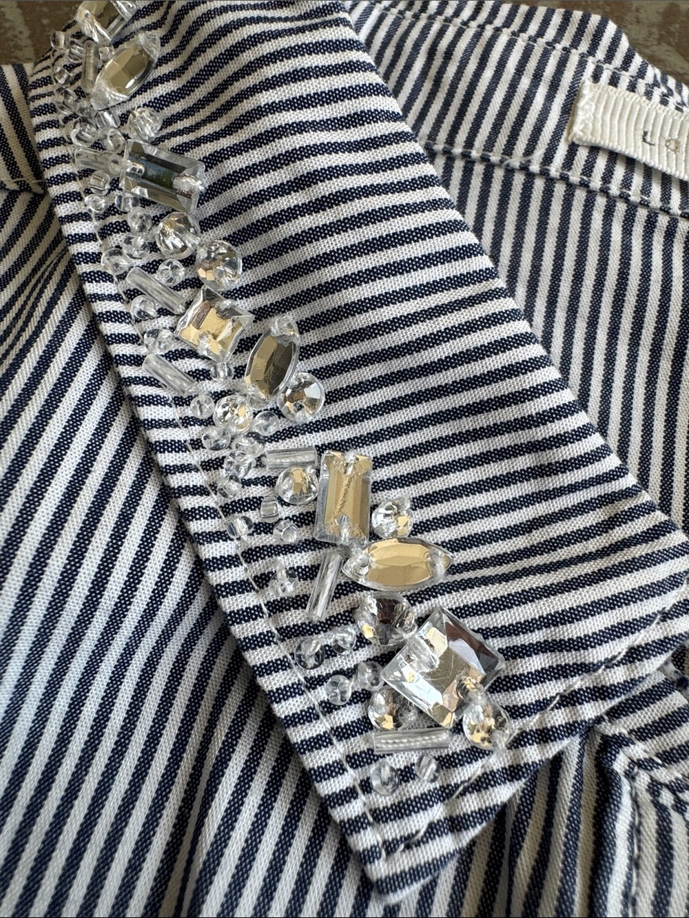 Sleeveless Striped Button-Down Shirt with Embellished Collar - Blue/White - Picture 2 of 12